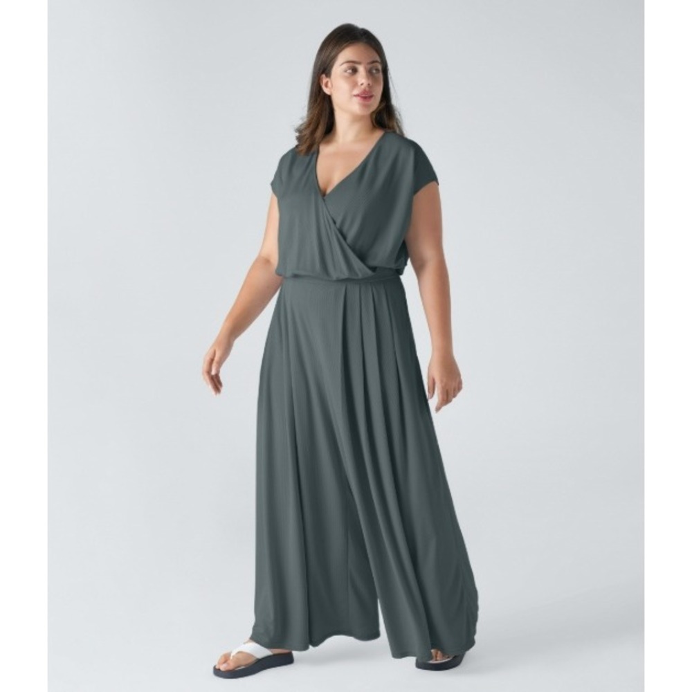 Halara Gray Waffle Knit Wide Leg Jumpsuit Surplice V-Neck Plus Size 3X Womens